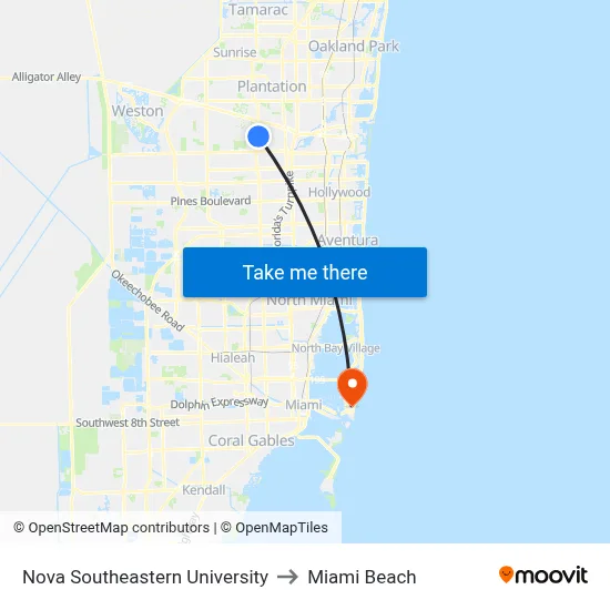 Nova Southeastern University to Miami Beach map