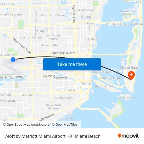 Aloft by Marriott Miami Airport to Miami Beach map