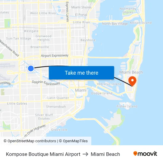 Kompose Boutique Miami Airport to Miami Beach map