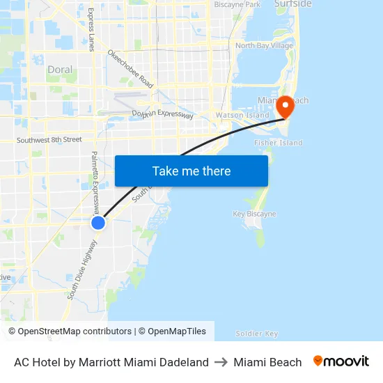 AC Hotel by Marriott Miami Dadeland to Miami Beach map
