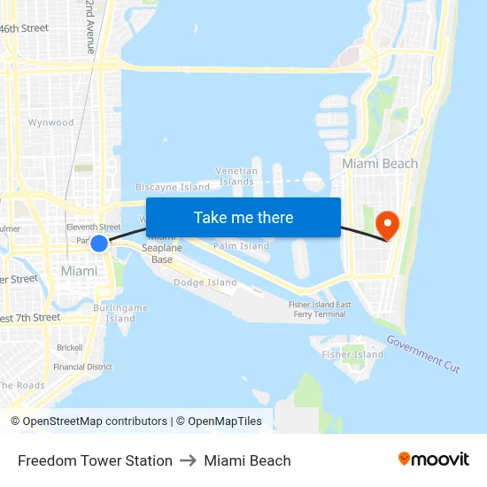 Freedom Tower Station to Miami Beach map