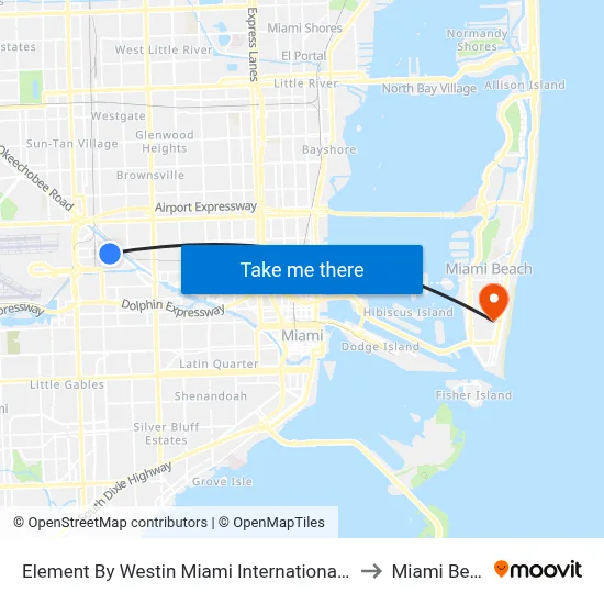 Element By Westin Miami International Airport to Miami Beach map
