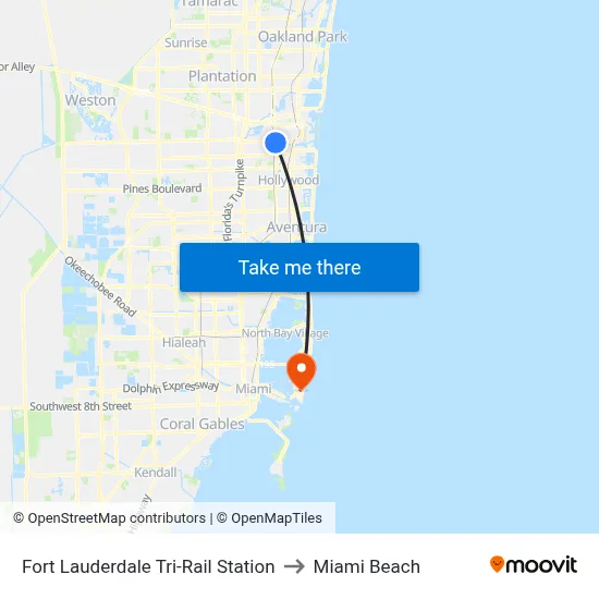 Fort Lauderdale Tri-Rail Station to Miami Beach map
