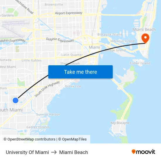University Of Miami to Miami Beach map