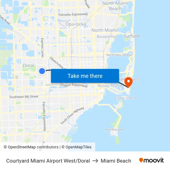 Courtyard Miami Airport West/Doral to Miami Beach map