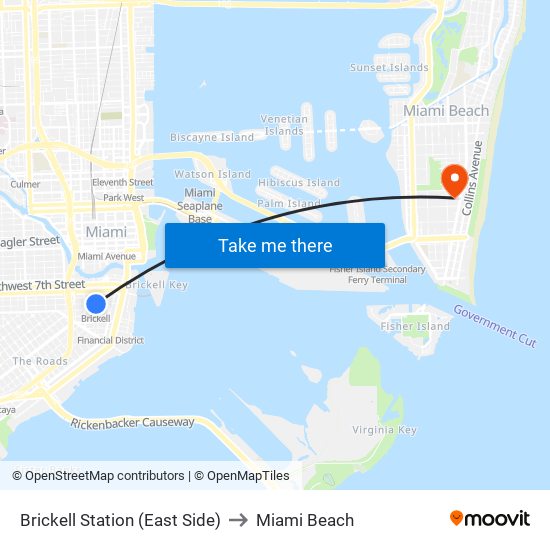 Brickell Station (East Side) to Miami Beach map