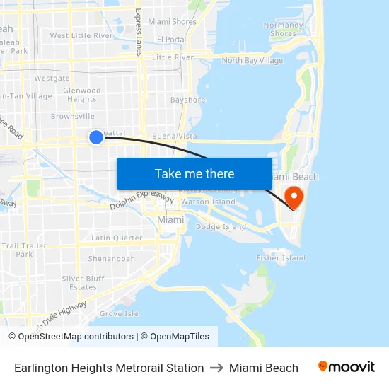 Earlington Heights Metrorail Station to Miami Beach map