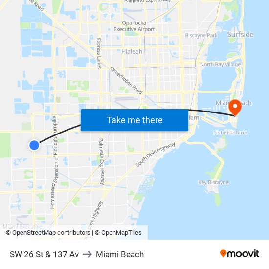 SW 26 St & 137 Av to Miami Beach map