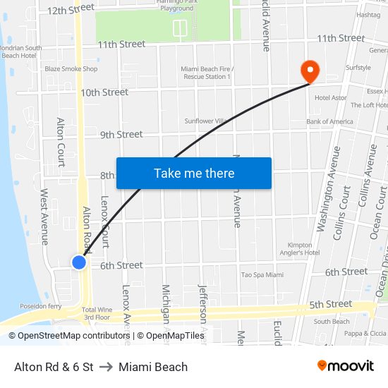 Alton Rd & 6 St to Miami Beach map