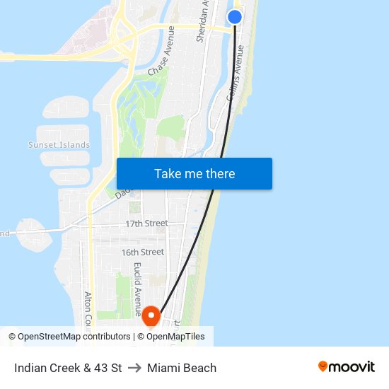 Indian Creek & 43 St to Miami Beach map