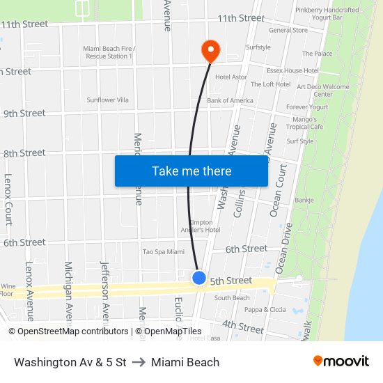 Washington Av & 5 St to Miami Beach map