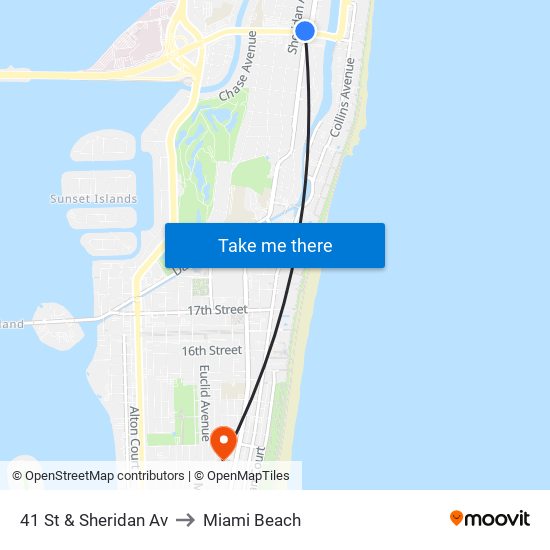 41 St & Sheridan Av to Miami Beach map