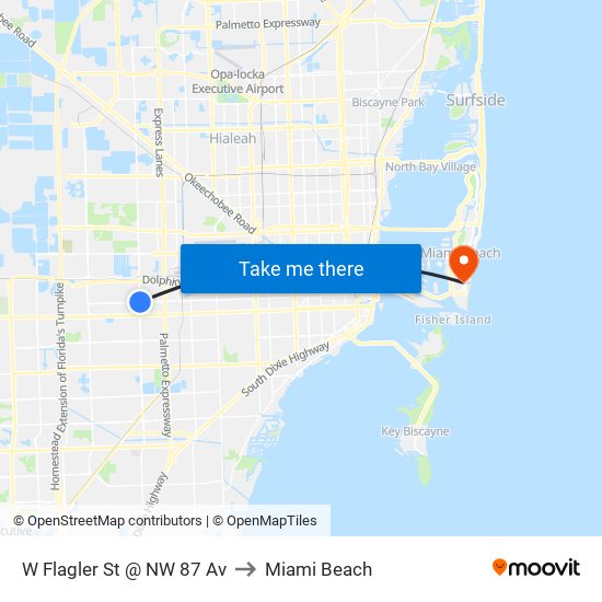 W Flagler St @ NW 87 Av to Miami Beach map