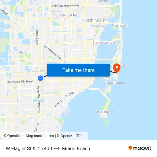 W Flagler St & # 7400 to Miami Beach map