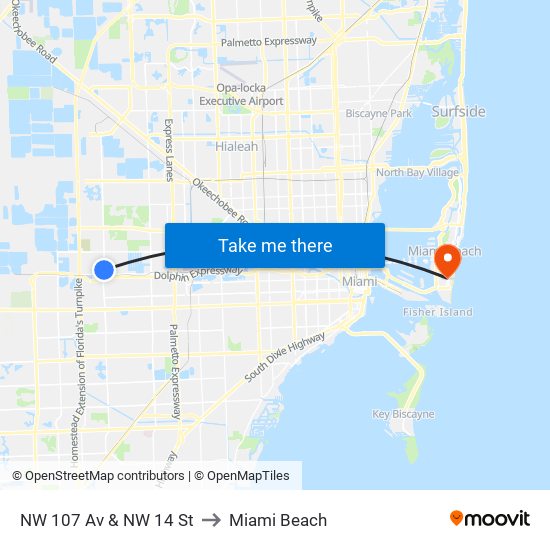 NW 107 Av & NW 14 St to Miami Beach map