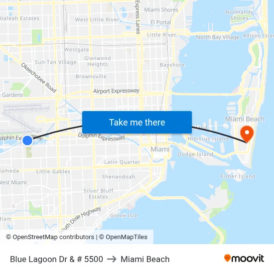 Blue Lagoon Dr & # 5500 to Miami Beach map