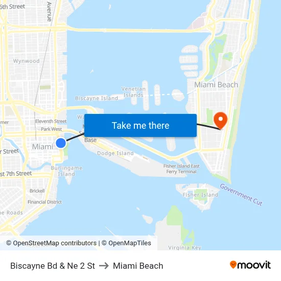 Biscayne Bd & Ne 2 St to Miami Beach map