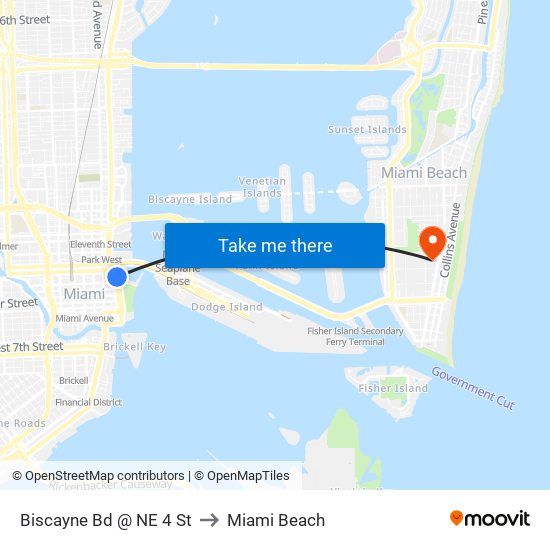 Biscayne Bd @ NE 4 St to Miami Beach map