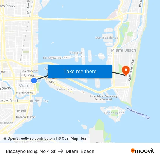 Biscayne Bd @ Ne 4 St to Miami Beach map