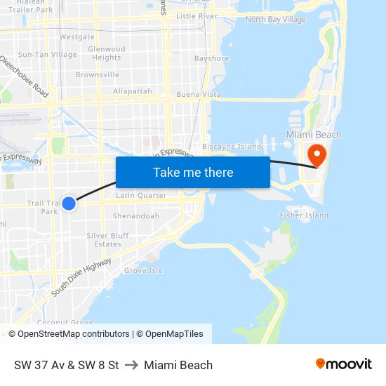 SW 37 Av & SW 8 St to Miami Beach map