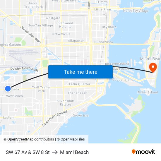 SW 67 Av & SW 8 St to Miami Beach map