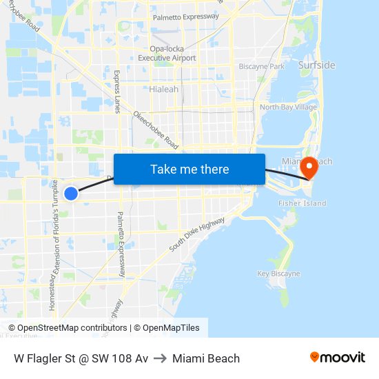 W Flagler St @ SW 108 Av to Miami Beach map