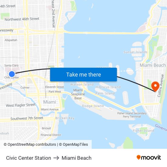 Civic Center Station to Miami Beach map