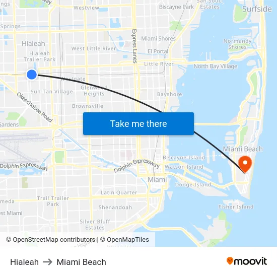 Hialeah to Miami Beach map