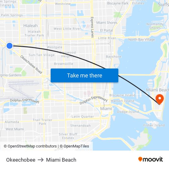 Okeechobee to Miami Beach map