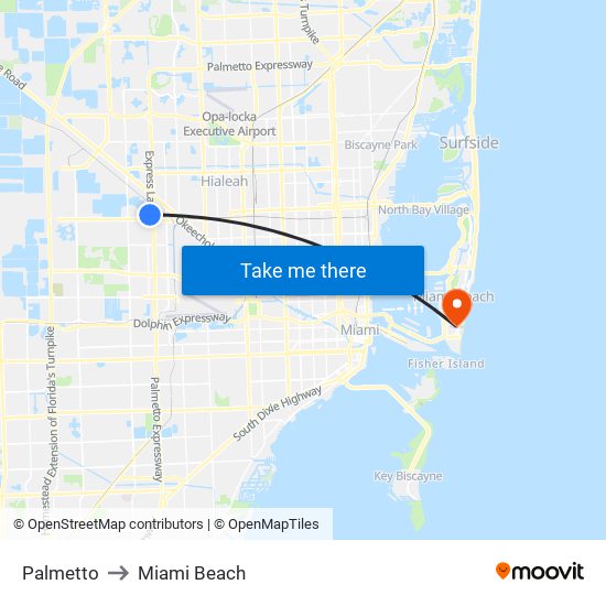 Palmetto to Miami Beach map