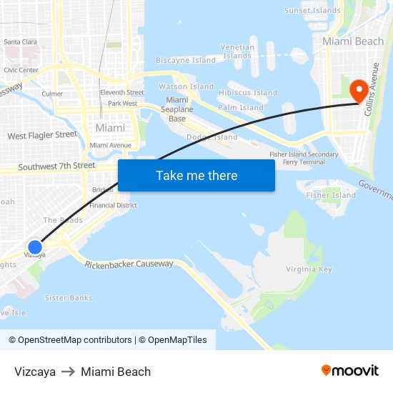 Vizcaya to Miami Beach map