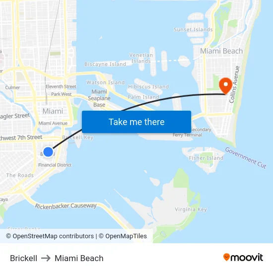 Brickell to Miami Beach map