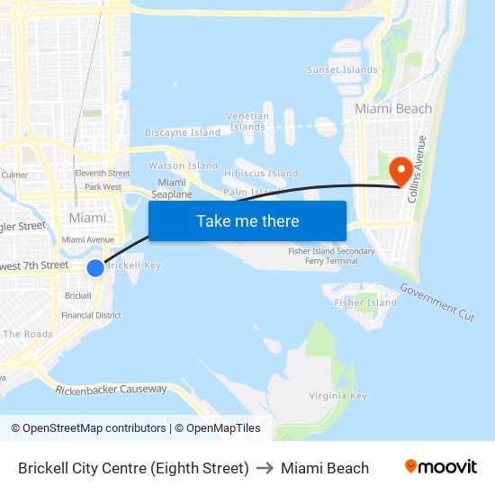 Brickell City Centre (Eighth Street) to Miami Beach map