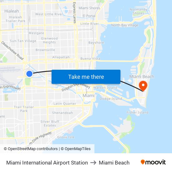 Miami International Airport Station to Miami Beach map