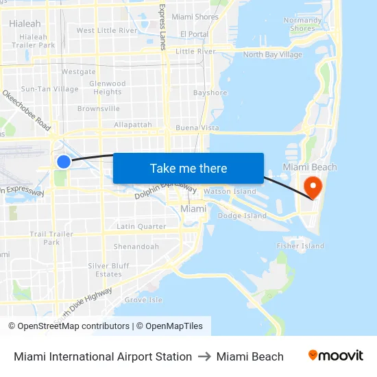 Miami International Airport Station to Miami Beach map