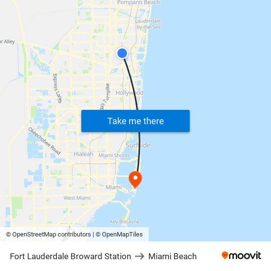 Fort Lauderdale Broward Station to Miami Beach map