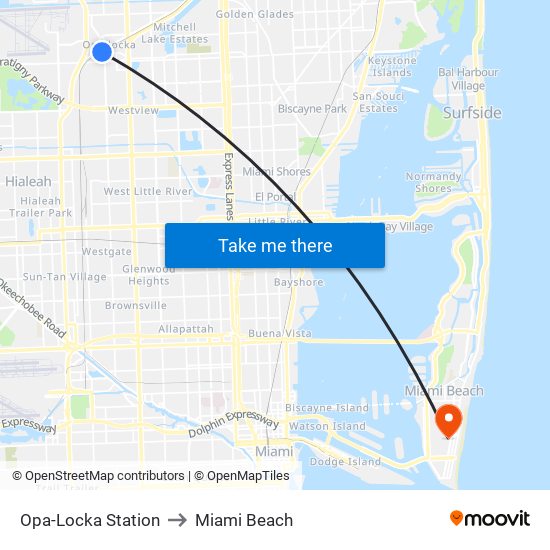 Opa-Locka Station to Miami Beach map