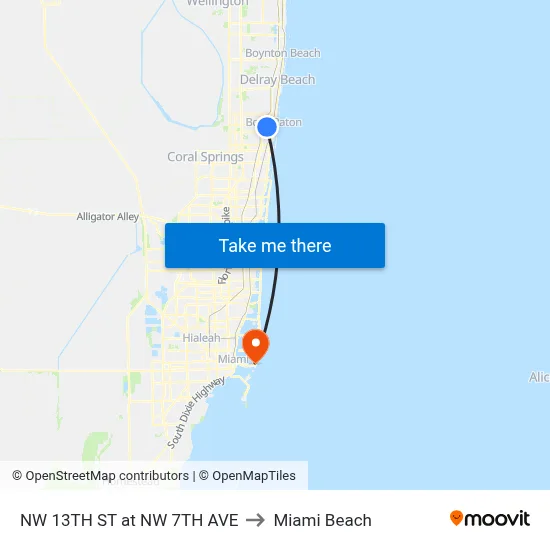 NW 13TH ST at NW 7TH AVE to Miami Beach map