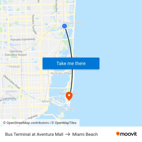 Bus Terminal at Aventura Mall to Miami Beach map