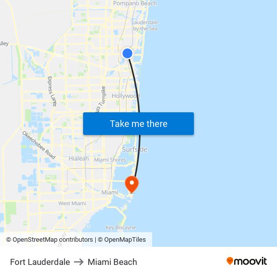 Fort Lauderdale to Miami Beach map