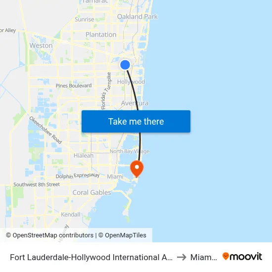 Fort Lauderdale-Hollywood International Airport Griffin Road/Tri-Rail Station to Miami Beach map