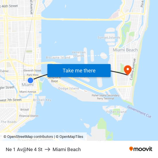 Ne 1 Av@Ne 4 St to Miami Beach map