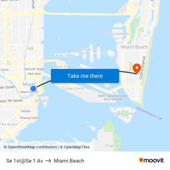 Se 1st@Se 1 Av to Miami Beach map