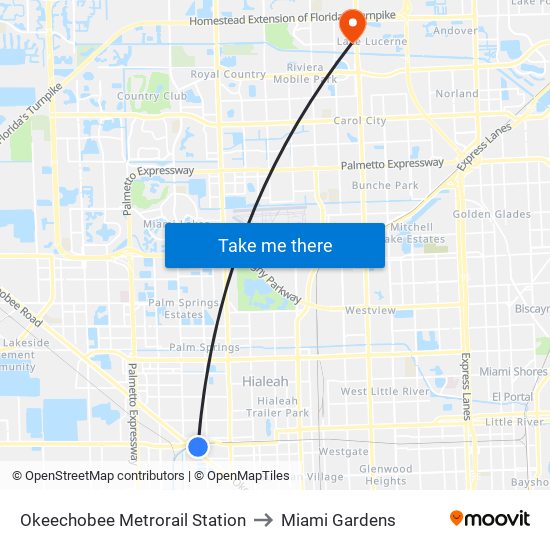 Okeechobee Metrorail Station to Miami Gardens map