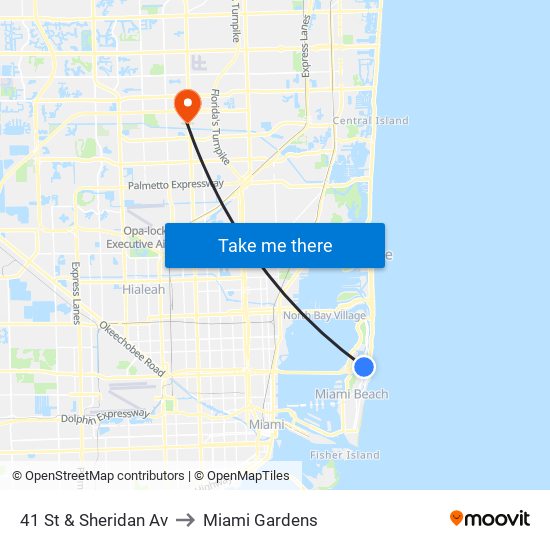 41 St & Sheridan Av to Miami Gardens map