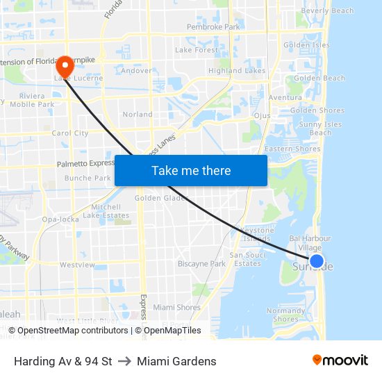 Harding Av & 94 St to Miami Gardens map