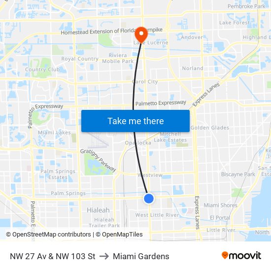 NW 27 Av & NW 103 St to Miami Gardens map