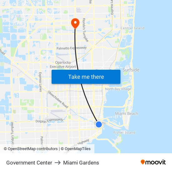 Government Center to Miami Gardens map