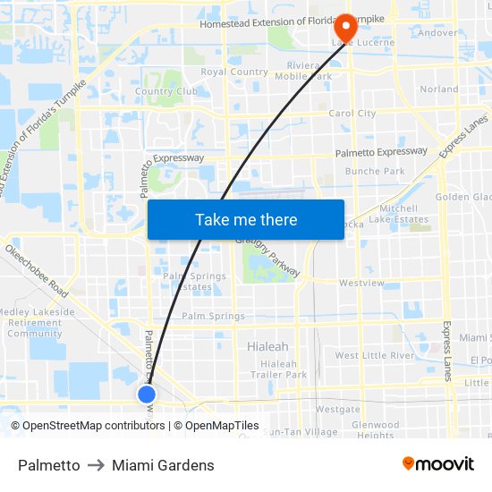 Palmetto to Miami Gardens map