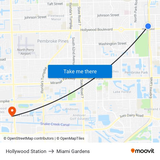 Hollywood Station to Miami Gardens map